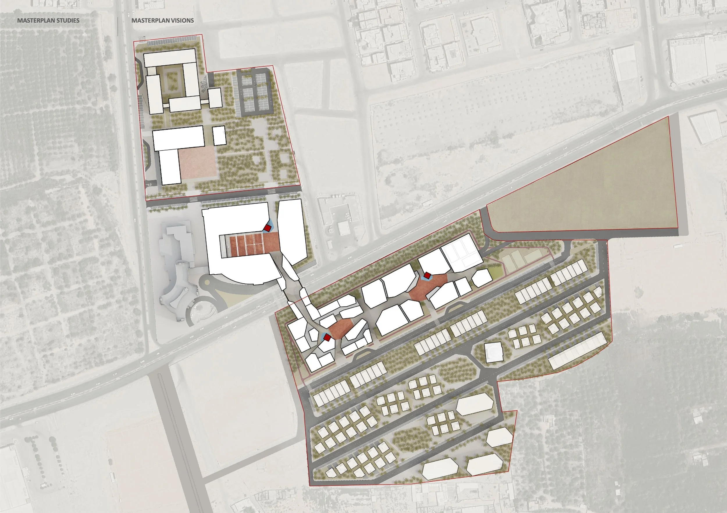 A detailed architectural site plan showing various buildings, parking areas, landscaped areas with trees, and some outdoor courts, with labels indicating different sections such as 'Masterplan Studies' and 'Masterplan Visions'.