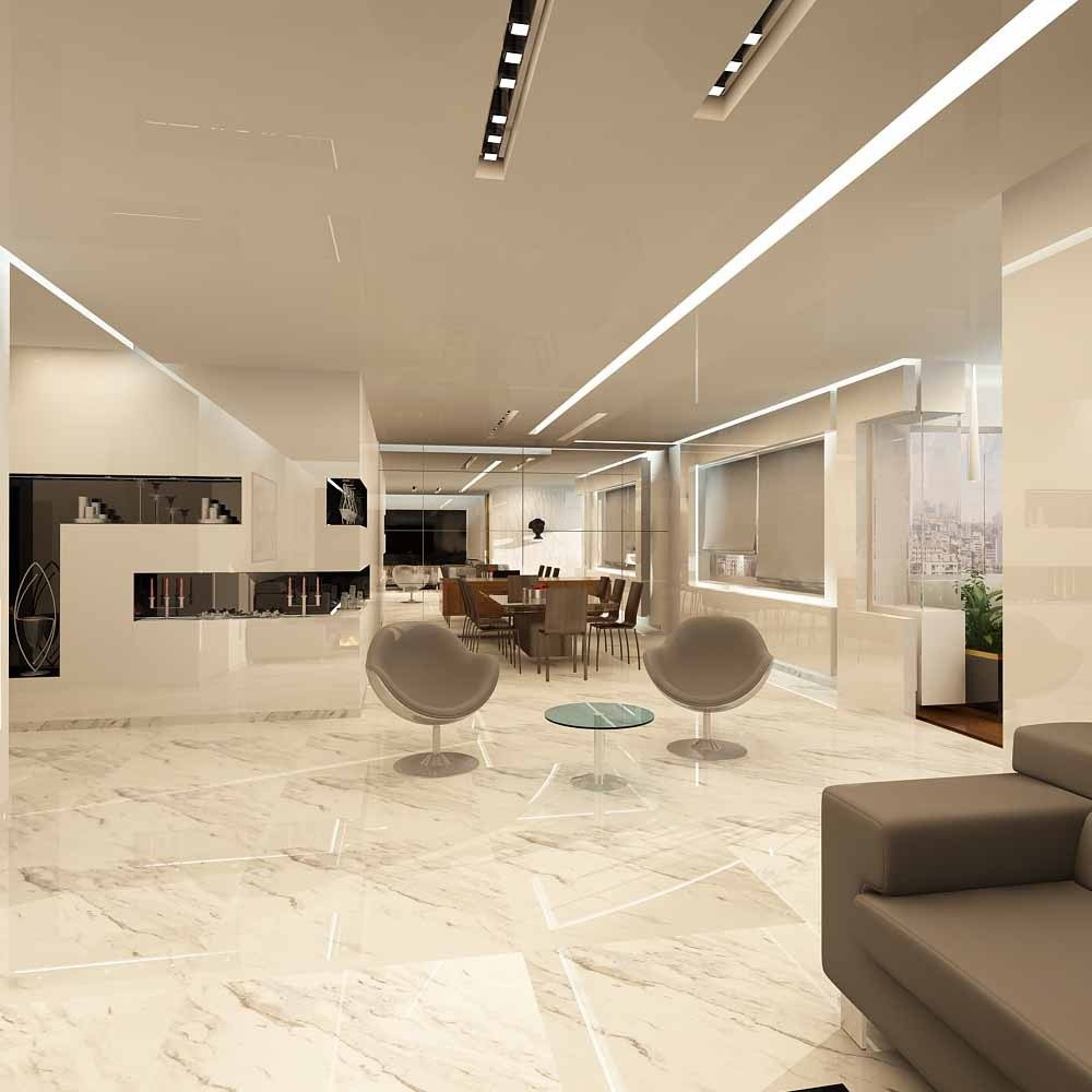 Modern office lounge area with marble flooring, two circular chairs, a sofa, and a small glass table. In the background, there is a dining table with chairs, large windows, and built-in lighting fixtures.