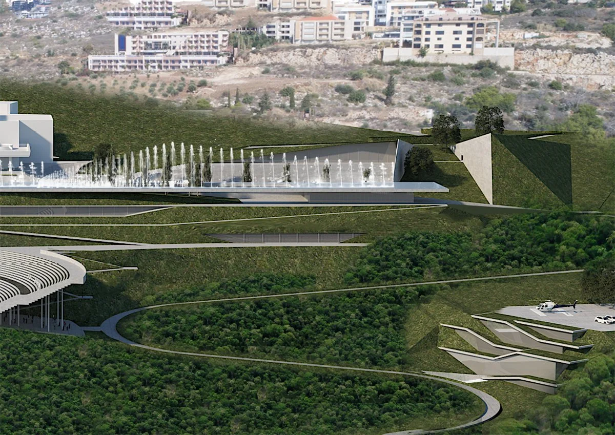 A digital rendering of a modern hillside development with multiple levels, including a water feature with fountains, greenery, and futuristic structures, set against a backdrop of mountain terrain with residential buildings.