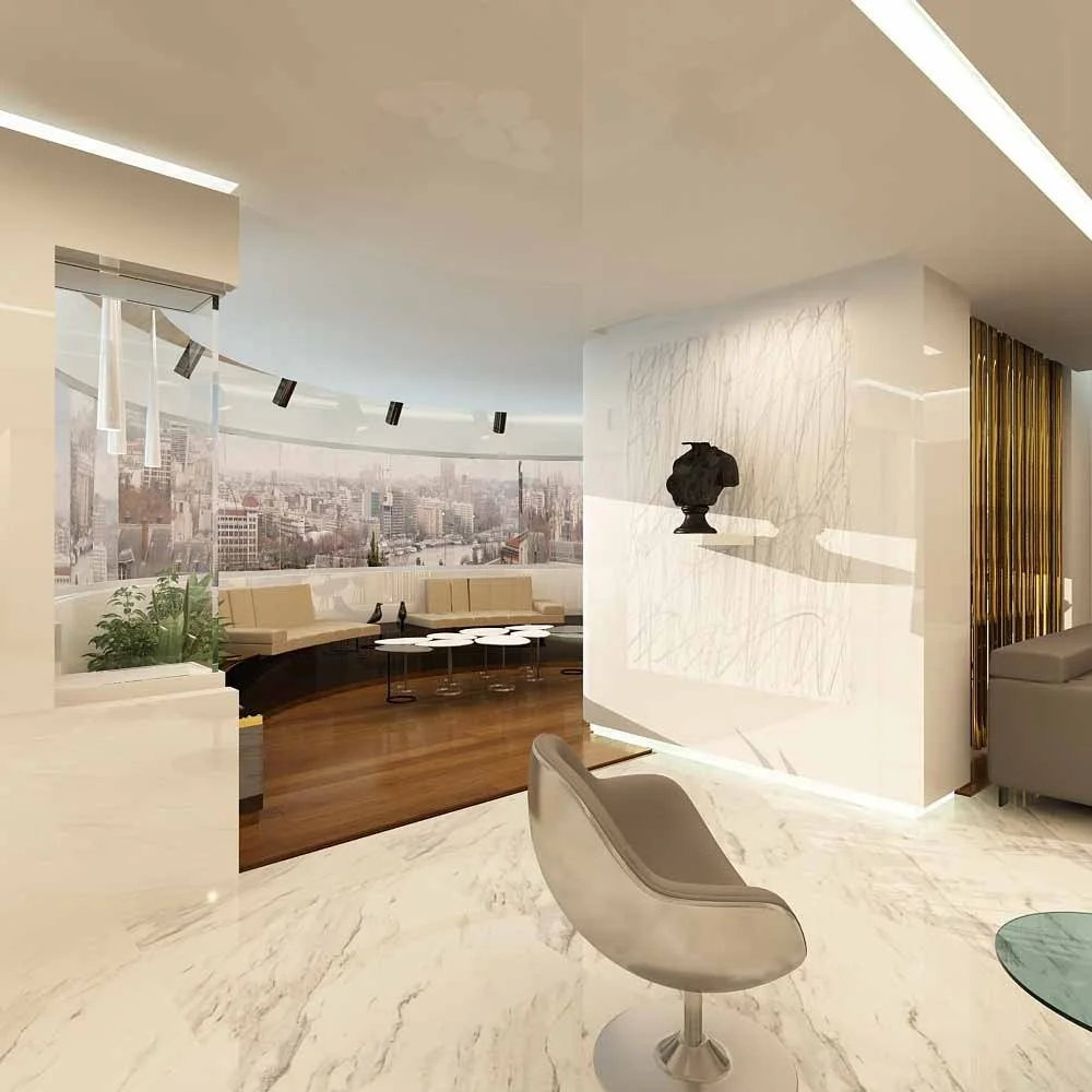 Modern office lounge area with a panoramic city view, beige sofas arranged in a semi-circle, white coffee tables, a potted plant, and an abstract sculpture on the wall.