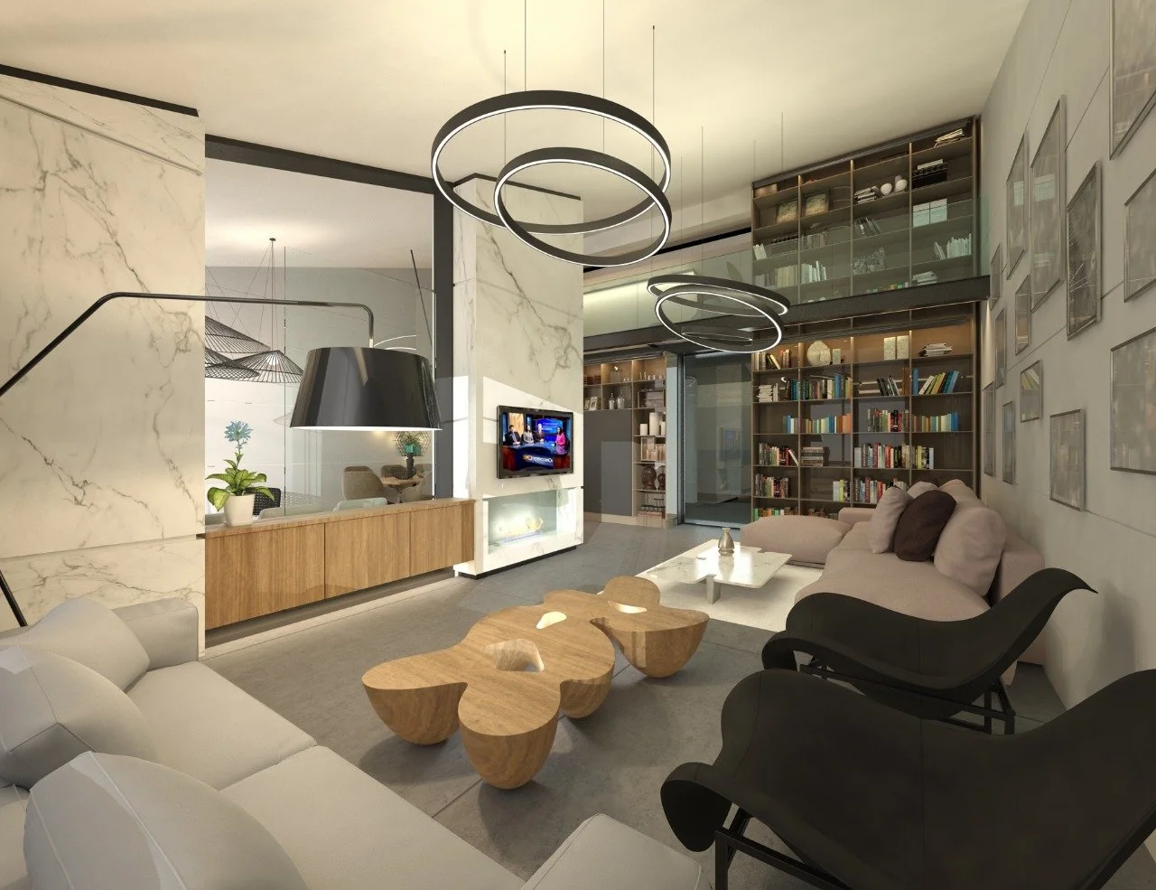Modern living room with beige sofa, black armchairs, wooden coffee table, bookshelves, flat-screen TV, and decorative ceiling lights.