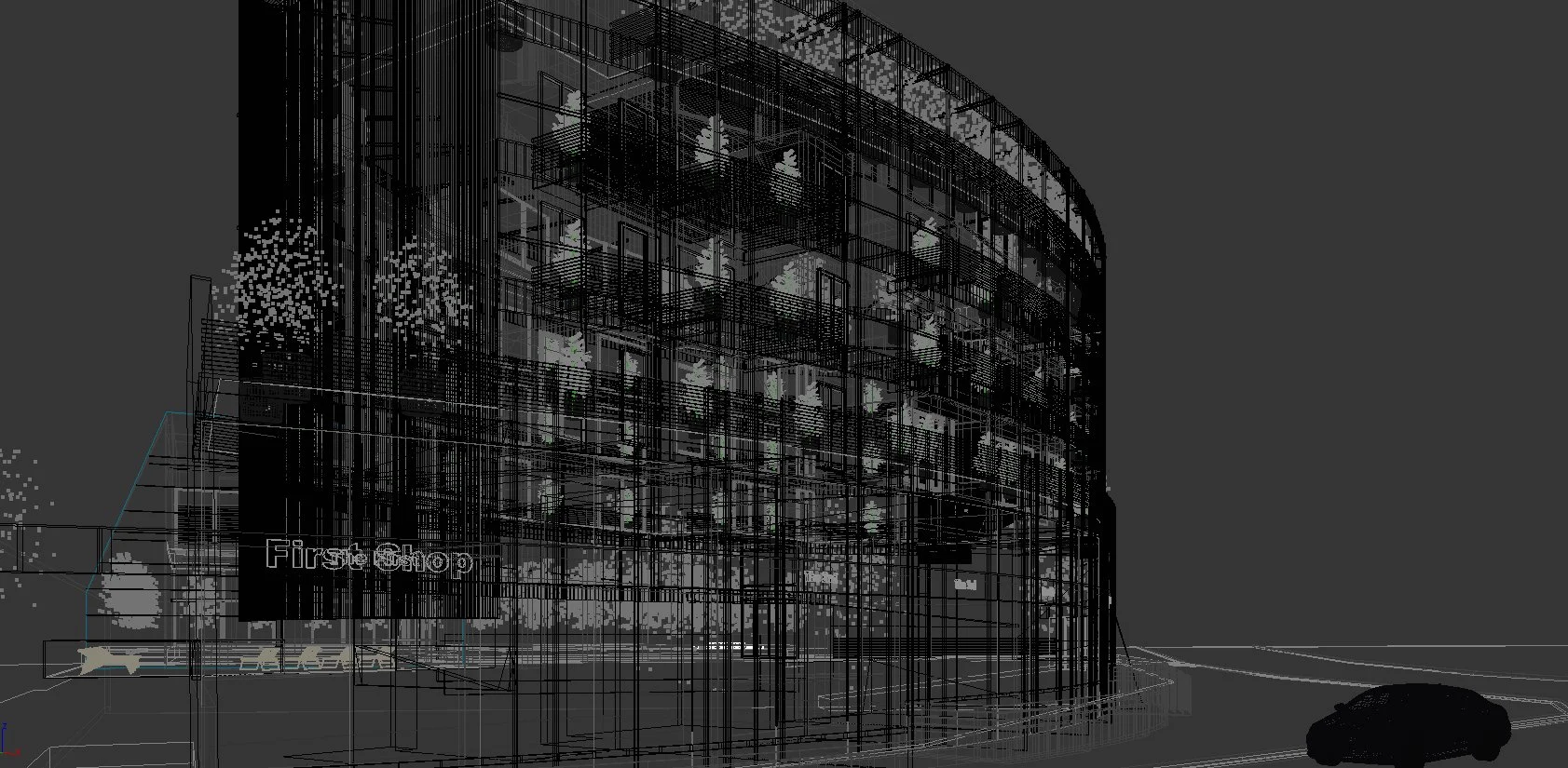 A digital wireframe rendering of a modern, multi-story building with a curved facade and several balconies, featuring a sign that reads 'First Shop'. There are trees with leaves and a few cars in the surrounding area.