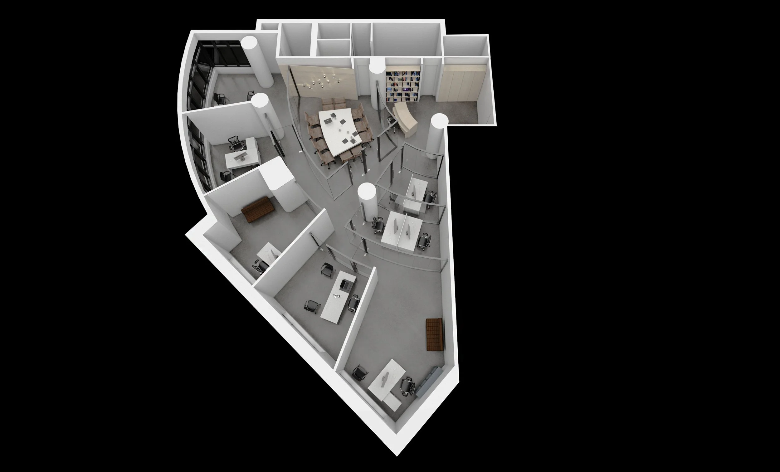 3D floor plan of an office space with multiple rooms including conference rooms, individual workstations, and common areas, set against a black background.