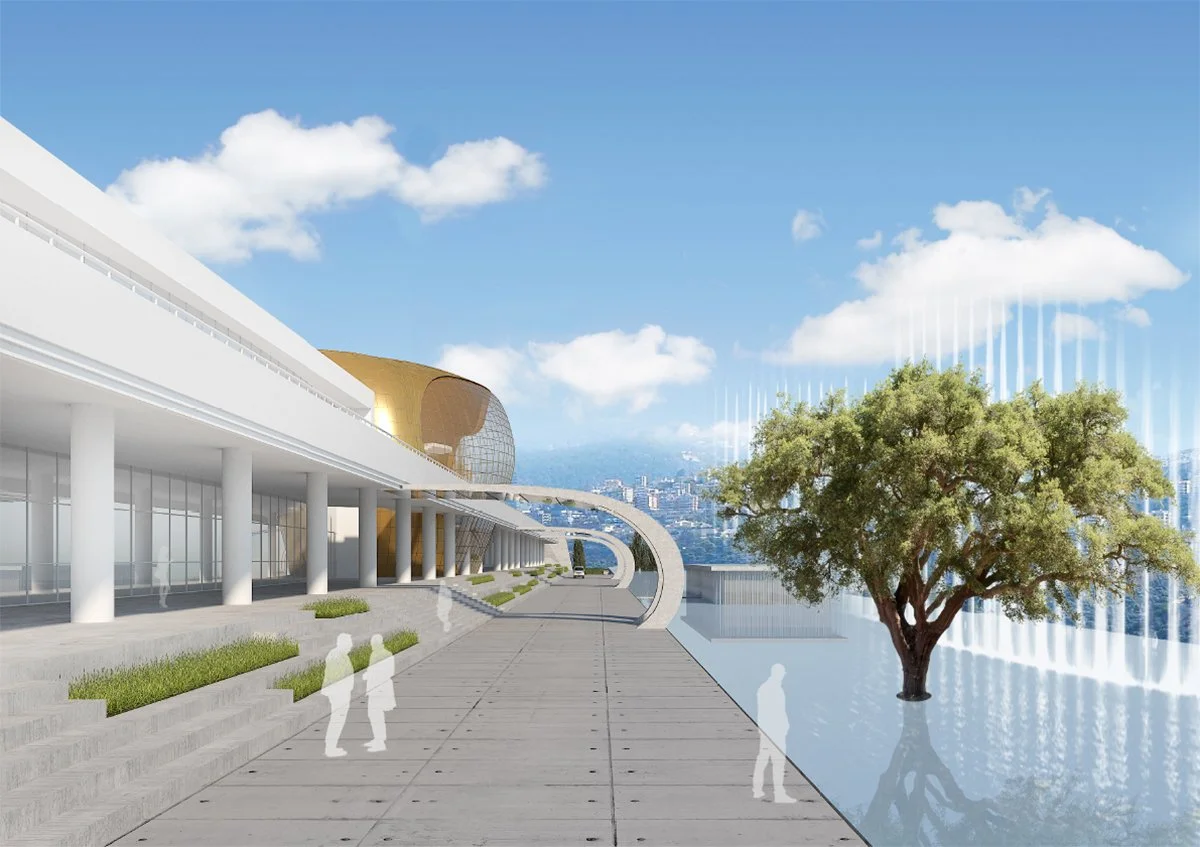 Futuristic architectural design of a modern building with glass walls, white columns, curved and gold accents, adjacent to a reflective water feature with a large tree, under a partly cloudy sky with some clouds and a city skyline in the background.