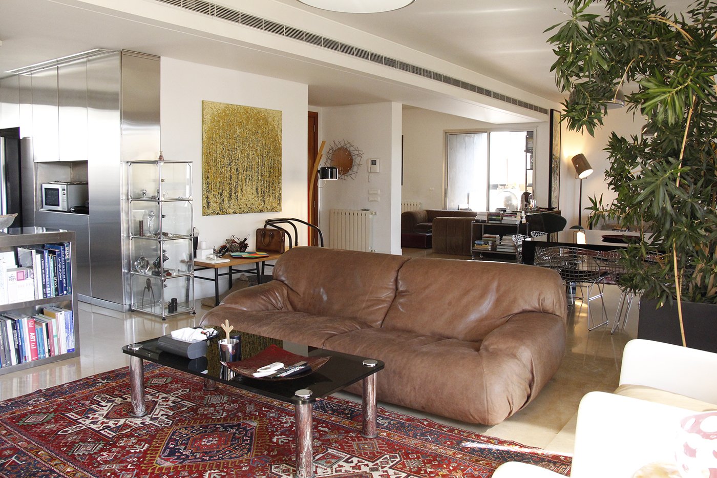 A living room with a brown leather sofa, a glass coffee table with a tray and tissues, a colorful rug, a large potted plant, bookshelves, artwork, and multiple seating areas in an open-plan layout with natural light.
