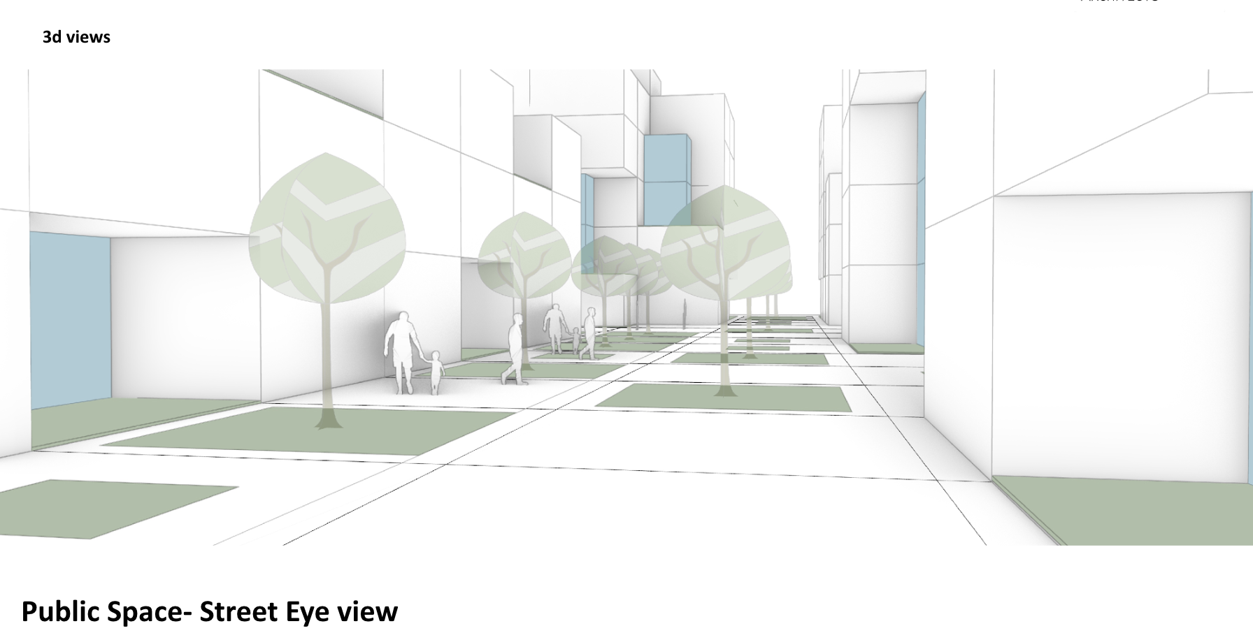 A street view of a public space with trees, sidewalk, and buildings, featuring pedestrian figures and a modern architectural design.