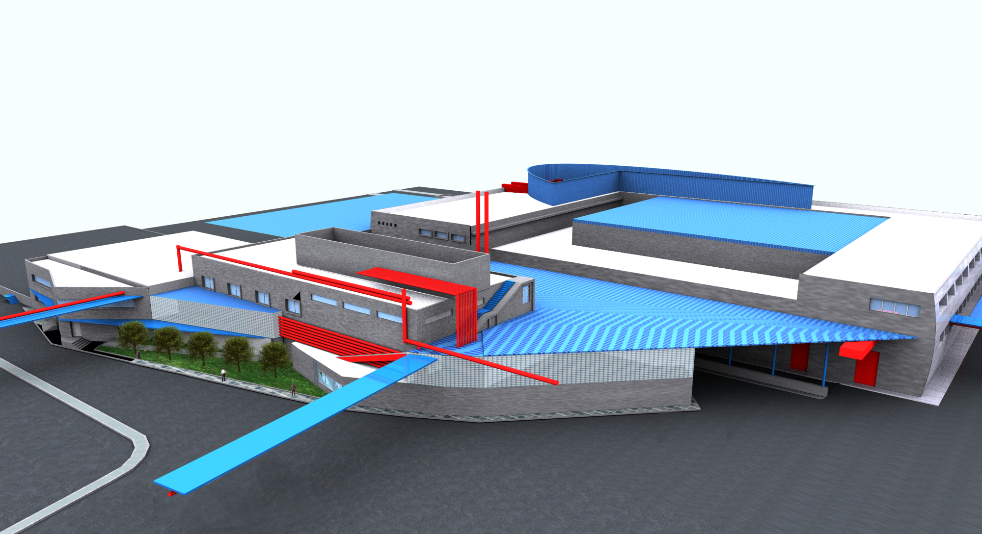 A 3D digital rendering of a modern building with blue, gray, and red architectural features, including water slides and outdoor water pools.