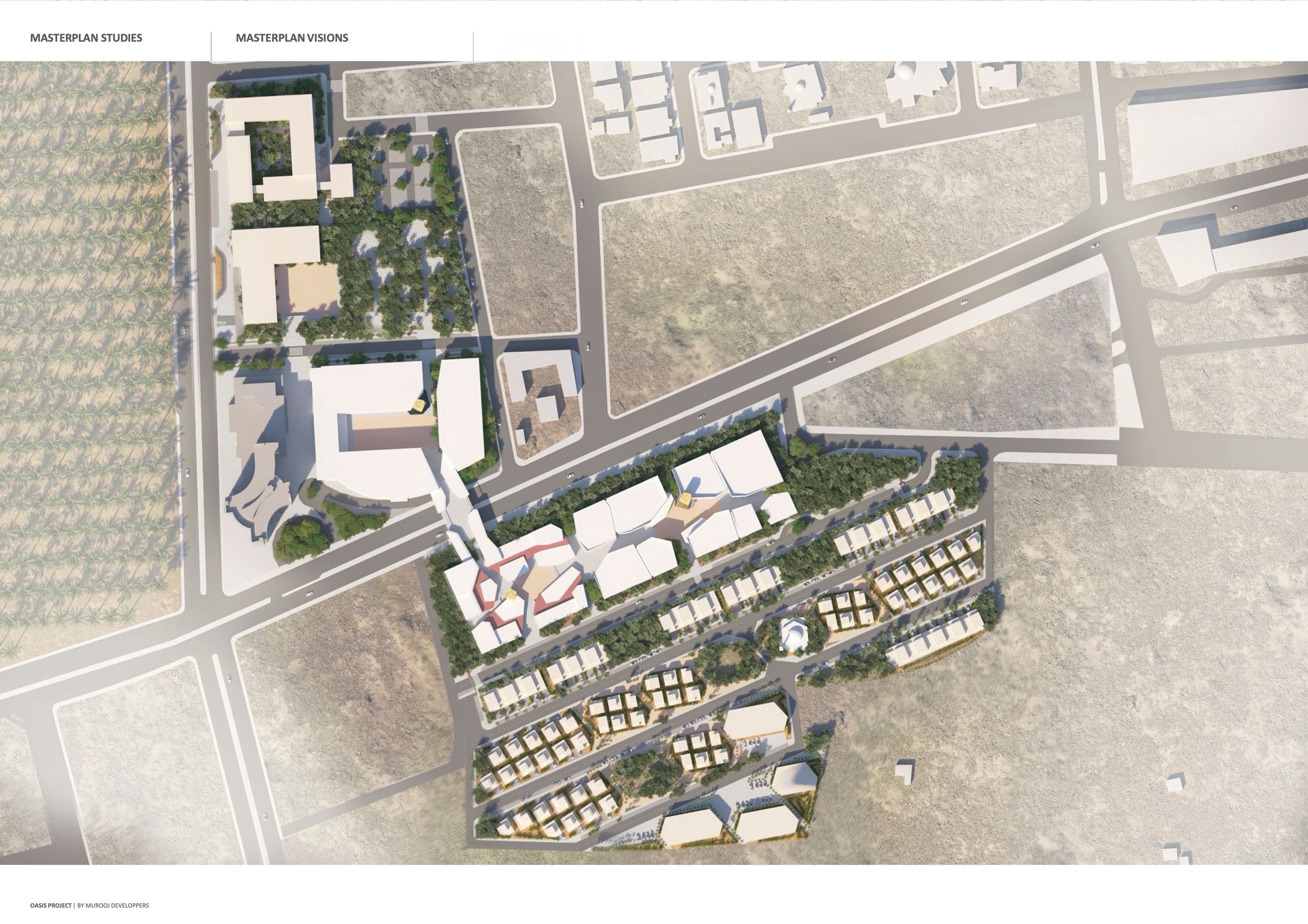 A detailed top-down view of an urban planning map showing various buildings, roads, green spaces, and plots of land, related to a project called Oasis by Murooj Developers.