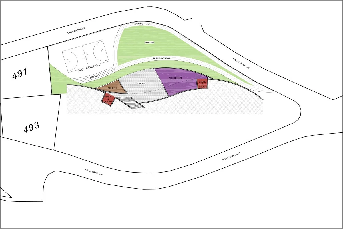 Site plan showing a park with a running track, garden, multipurpose field, benches, a church, parking area, auditorium, and restrooms with stairs, all enclosed by public main roads.