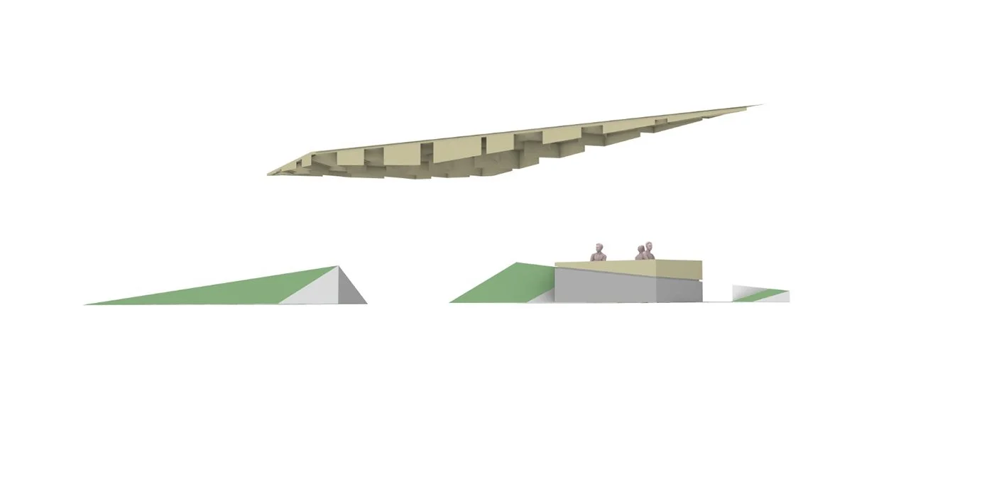 Architectural model with a large cantilevered roof, small green and gray building, and two people sitting on a platform.