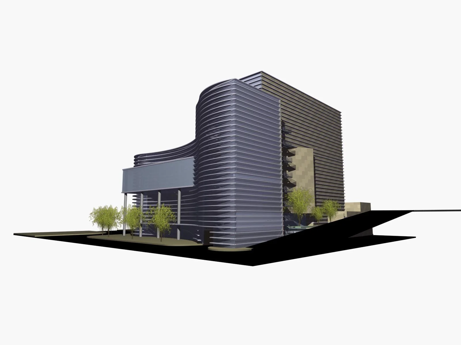 A modern multi-story building with horizontal slats, trees at the base, and an open space in front.
