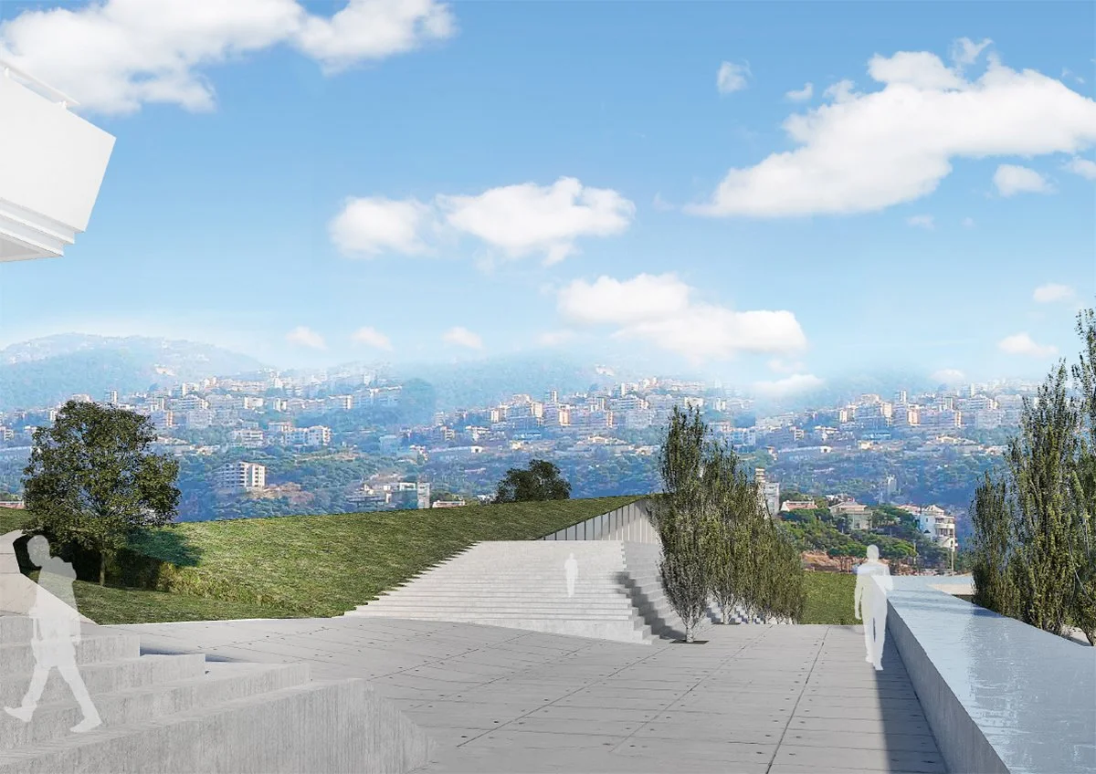 Architectural rendering of an outdoor public space with steps, trees, and a cityscape in the background under a blue sky with clouds.