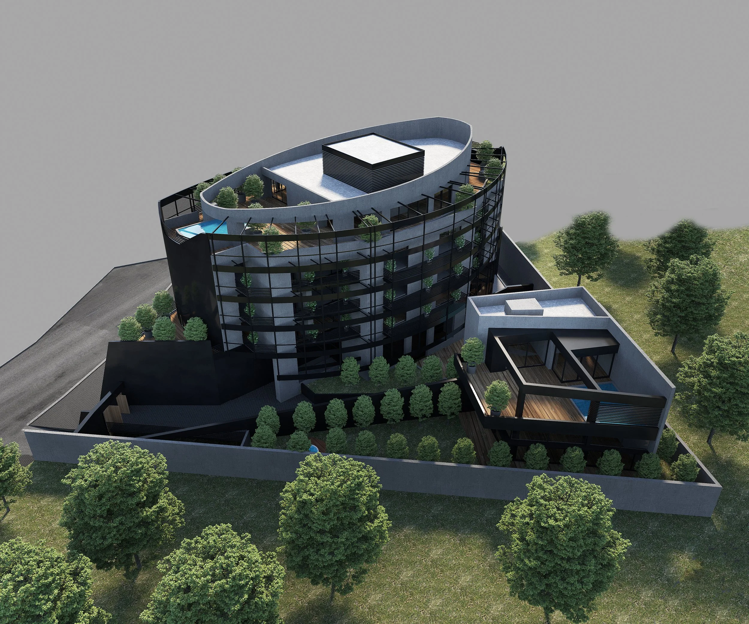 An aerial view of a modern multi-story building with a rooftop garden and outdoor amenities, surrounded by trees and a landscaped yard.