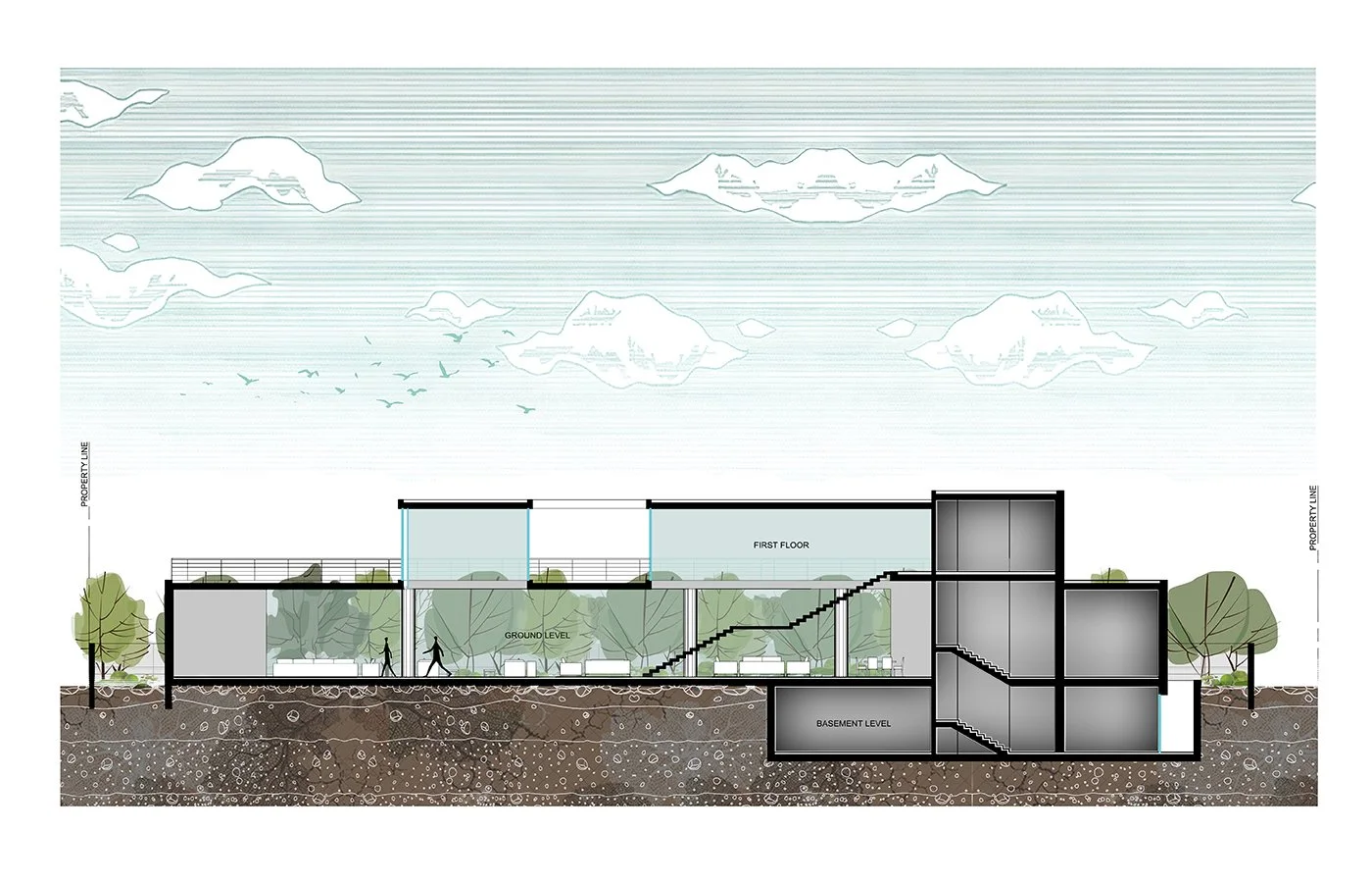 Cross-sectional architectural drawing of a multi-level building with labeled basement, ground, first floor, and roof levels, including outdoor areas, stairs, trees, and property lines.