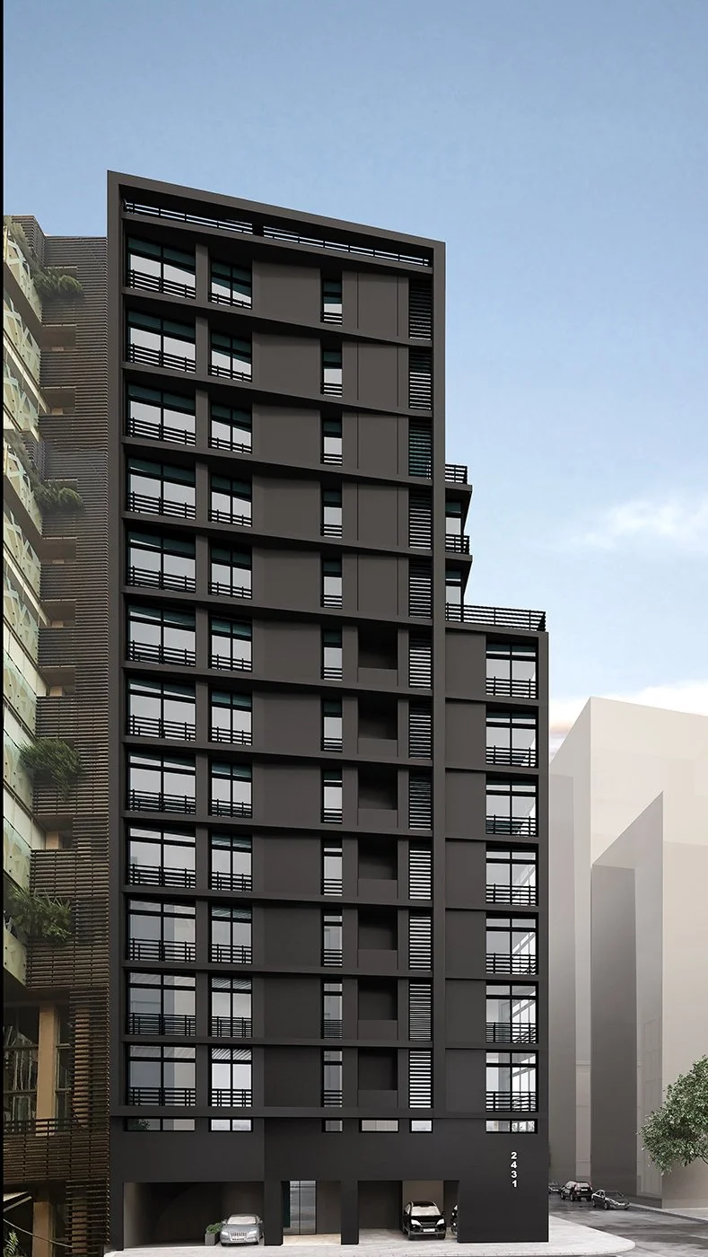 Modern black multi-story apartment building with large windows and balconies, parking garage at the ground level, in an urban setting with adjacent buildings and a clear sky.