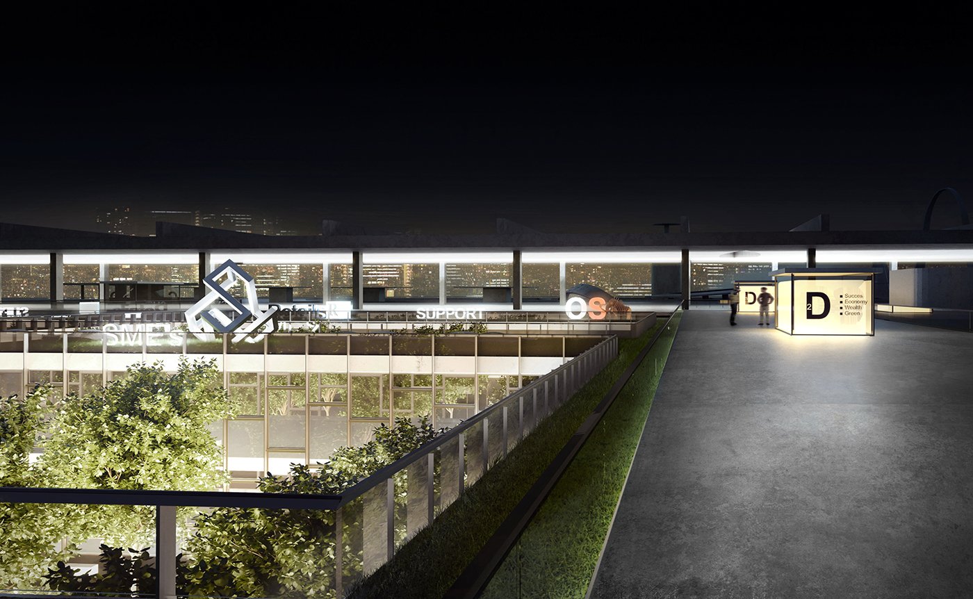 Night view of a modern rooftop terrace with illuminated signs, a glass railing, trees below, and two people walking.