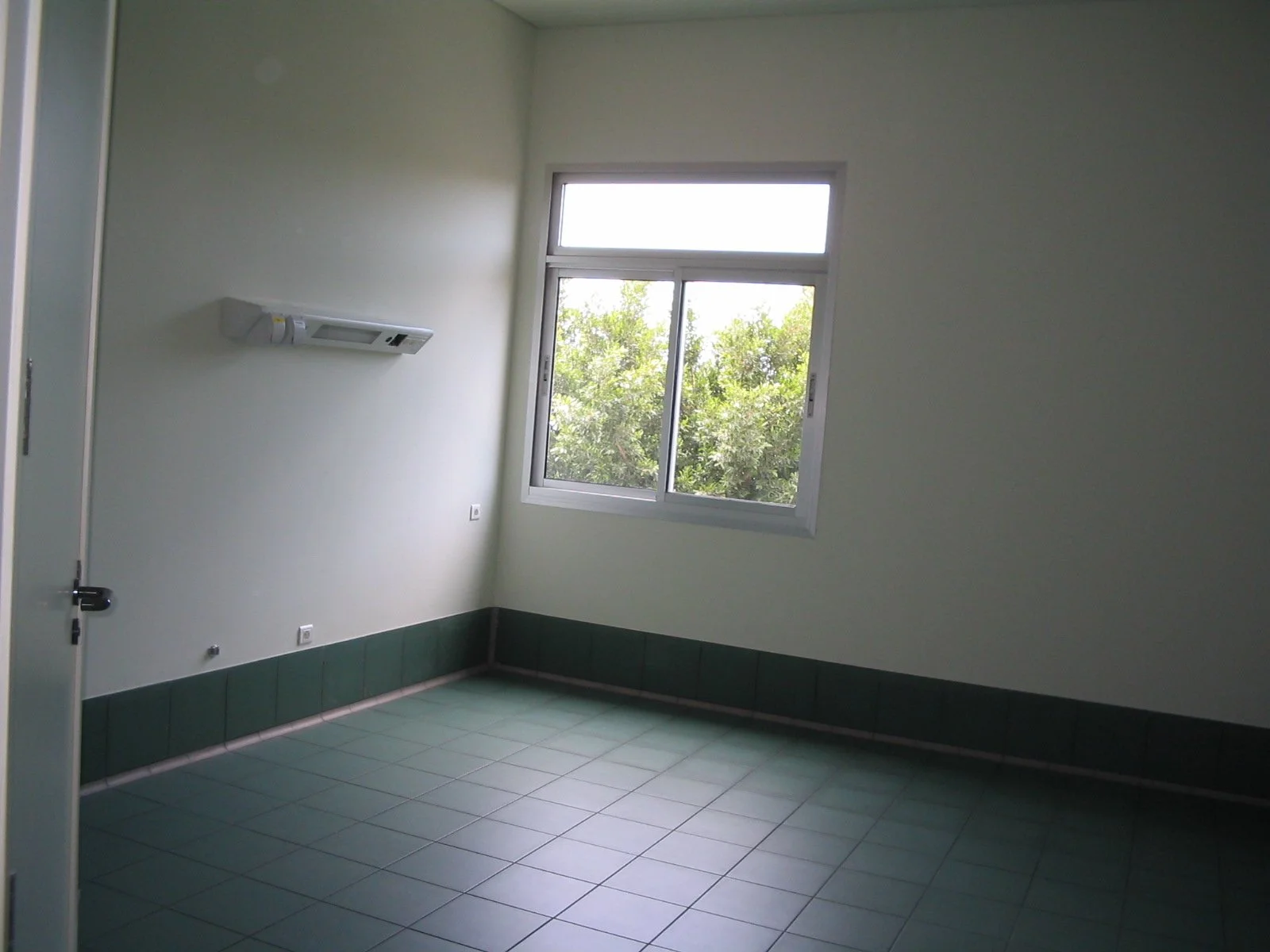 Empty room with a window showing green trees outside, plain white walls, and green tiled floor and lower wall border.