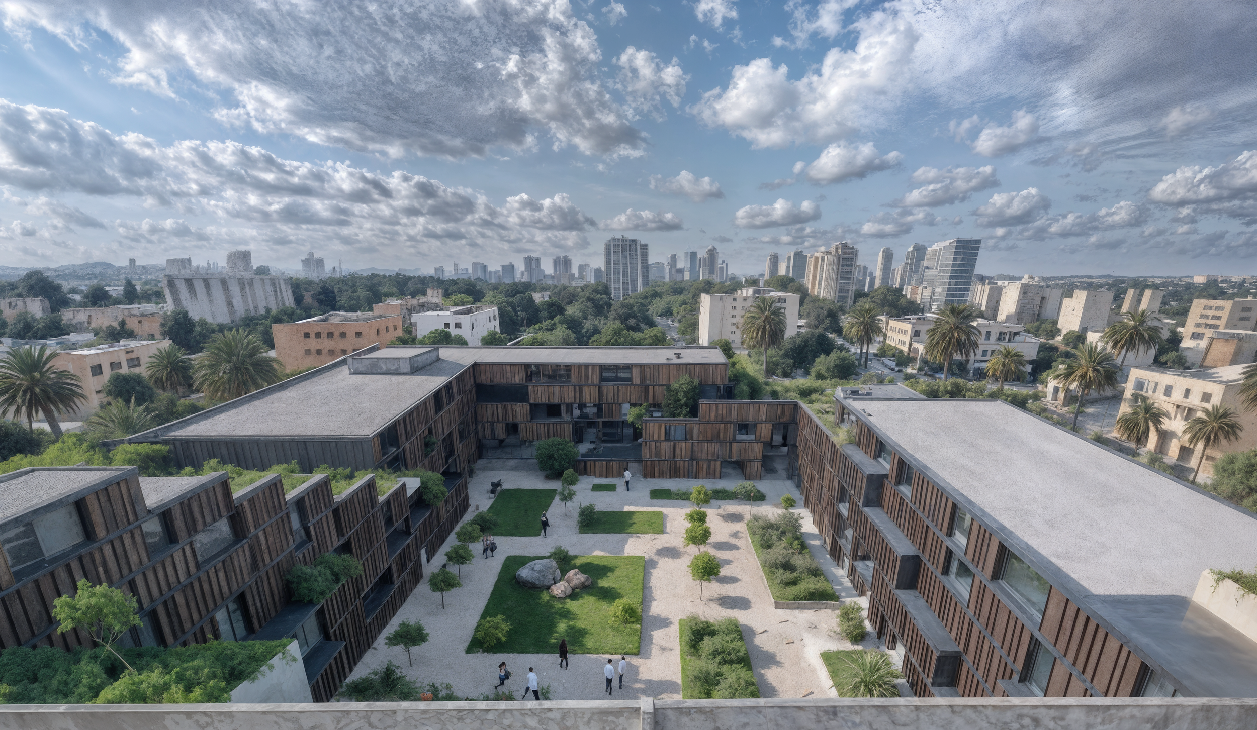 City skyline with modern high-rise buildings in the distance, a partly cloudy sky, and a courtyard with trees, rocks, and people walking in the foreground.
Beirut architecture