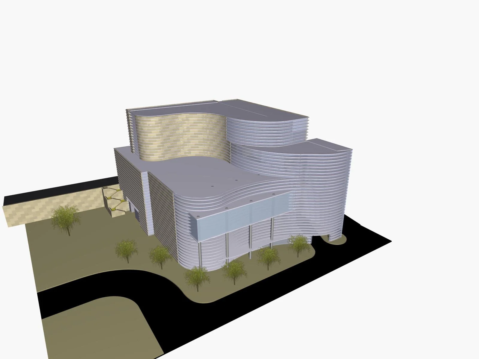 A 3D architectural model of a modern multi-story building with curved design elements, large windows, and surrounding landscaped area with trees.