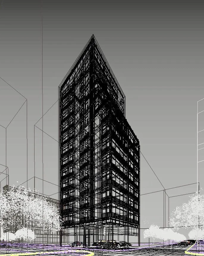 A black wireframe digital 3D model of a tall, modern building with multiple floors, surrounded by trees and cars at the base.