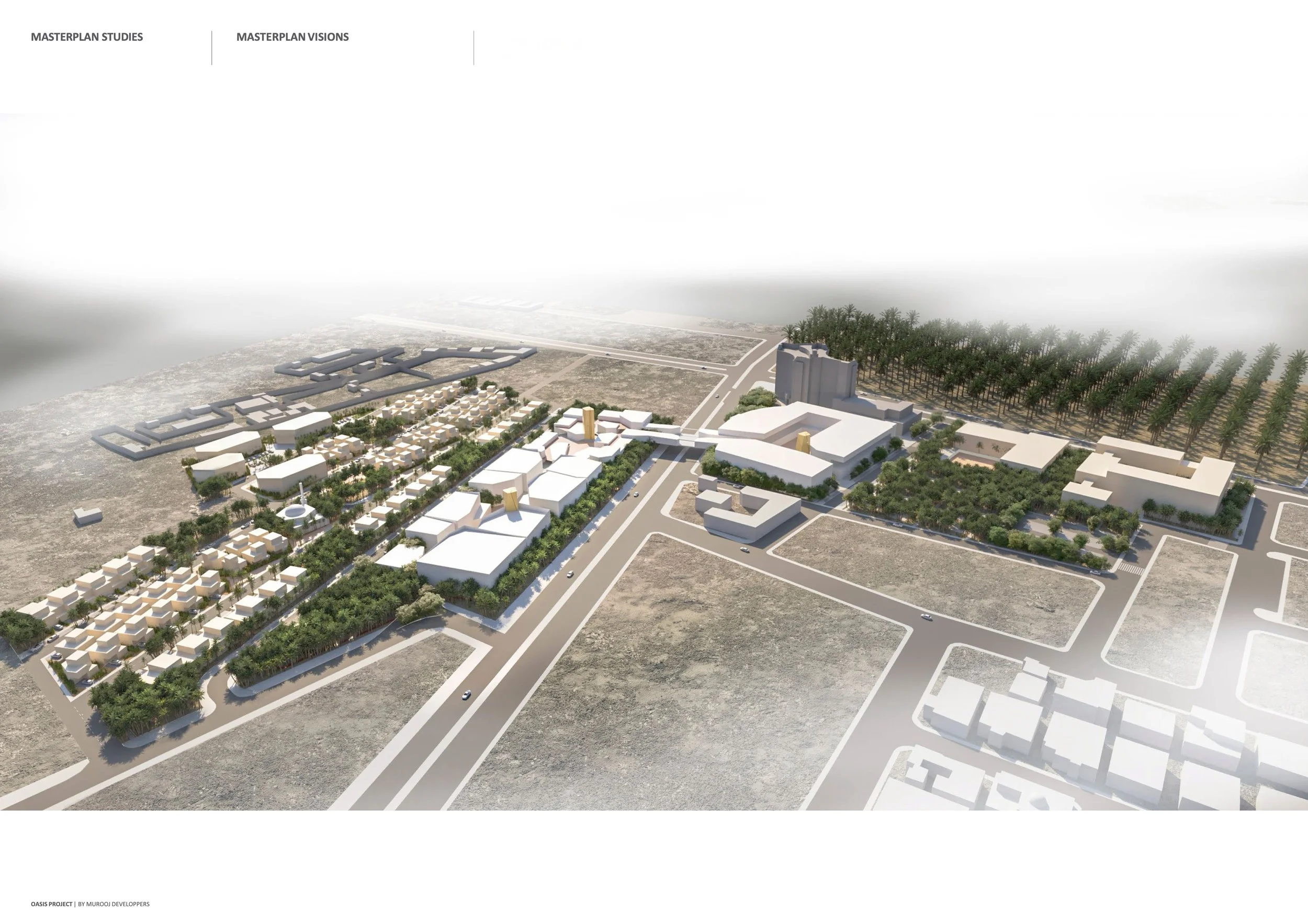 A digital rendering of a planned urban development with various buildings, green spaces, and roads, including high-rise structures and a residential area, with an airplane flying in the sky.