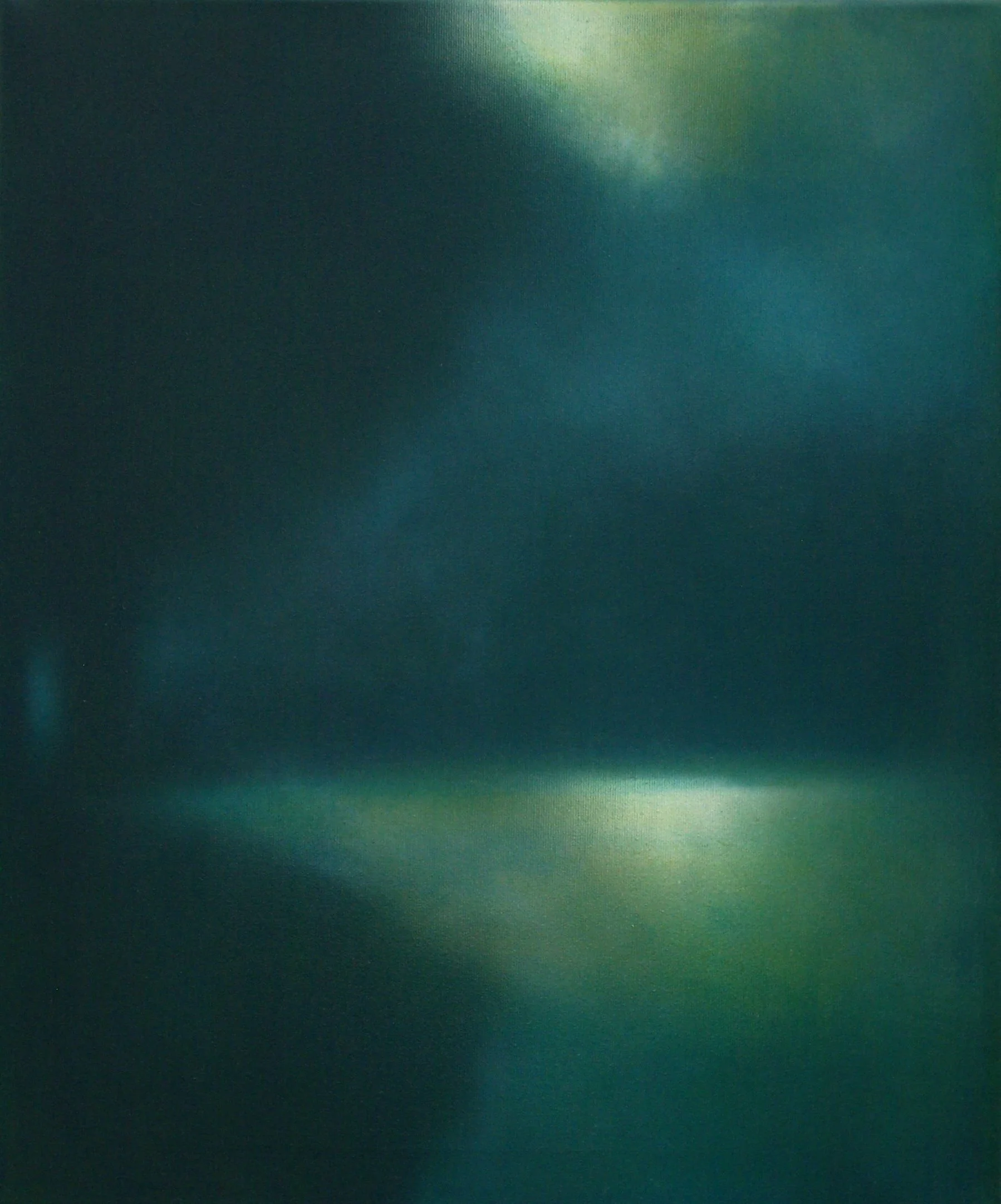 Abstrakte digitale Kunst mit blauen und grünen Farbtönen und Lichtreflexen.