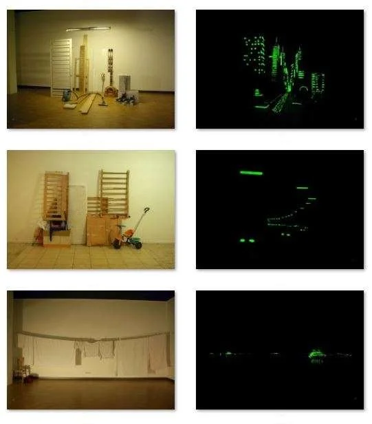 Linke Bilder zeigen verschiedene Gegenstände: die oberen Bilder eine leere Werkstatt oder Lagerraum mit Holzmaterialien und Werkzeugen, die mittleren Bilder eine Kinderzimmer-Einrichtung mit Stühlen, einem Karton und Spielzeug, die unteren Bilder ein