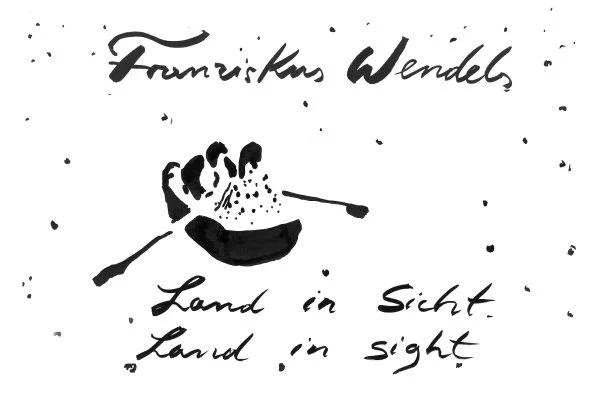 Handgeschriebenes Zitat mit einer Illustration von einer Skifahrerin und Schneeflocken, Text: "Frankikus Wendel, Land in Sicht, Land in sight."