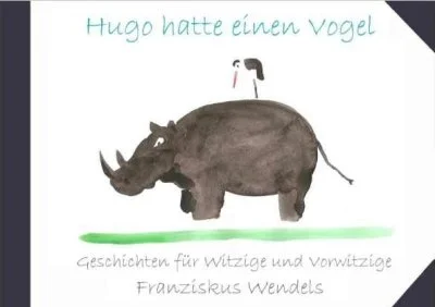 Illustration eines Nashorns mit einer kleinen Vogel auf dem Rücken, darunter deutschsprachiger Text.