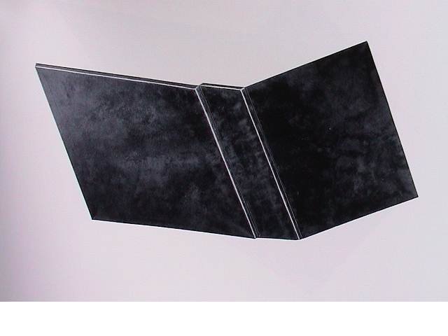 Ein schwarzes Klappbuch oder Notizbuch mit weißem Rand, geöffnet und aufrecht stehend.