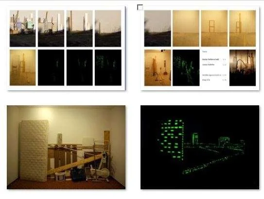 Abbildungen von Kunstwerken und Installationen, einschließlich Photokollagen, Skulpturen und Lichtkunst, mit Fokus auf Schatten, Beleuchtung und kreative Nutzung von Zaun- und Lichtstrukturen.