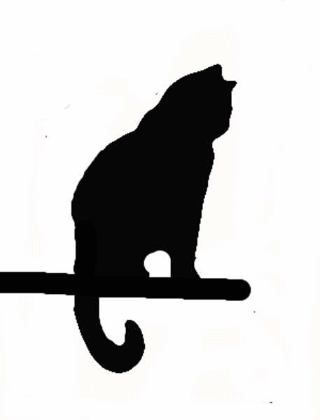 Schwarz-weiße Silhouette einer sitzenden Katze auf einem Sims.