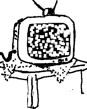 Ein alter Fernseher mit Antenne auf einem Tisch, der statisches Bild zeigt.