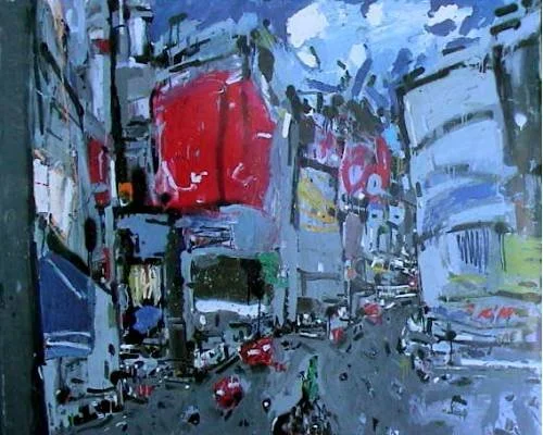 Ein urbanes Stadtbild mit hohen Gebäuden, Straßenverkehr und mehreren Autos in einer künstlerischen, expressionistischen Malweise.