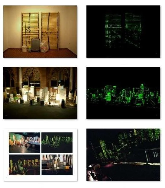 Vergleich von normalen und leuchtenden Modellen von Stadtansichten und Einrichtung. Die Bilder links zeigen physische Modelle und Szenen, die Bilder rechts digitale Nachbildungen in grüner Pixel-Optik.