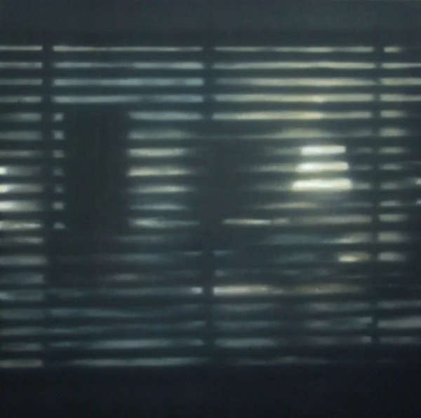 Schatten einer Person hinter Fensterjalousien bei schwachem Licht