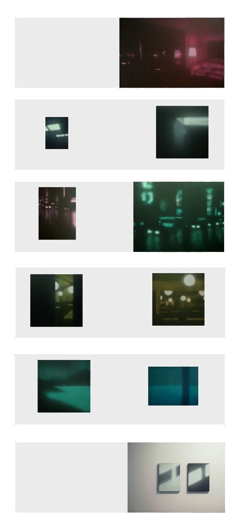 Fotografien zeigen verschiedene unscharfe Szenen von Neonlichtern und Stadtlichtern bei Nacht, sowie zwei geometrische Kunstwerke an einer Wand.