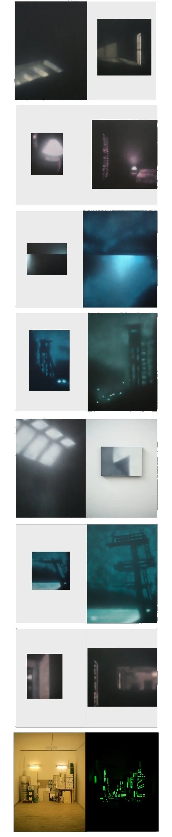 Ansicht eines Verlaufs von abstrakten, dunkel gehaltenen Fotos, die verschiedene Lichteffekte, Reflexionen und Silhouetten von Gebäuden oder technischen Strukturen zeigen, sowie ein Bild eines Raums mit gelber Beleuchtung und einem digitalen, grünen 