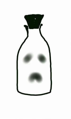 Ein transparentes Flaschen- oder Gläser-ähnliches Objekt mit einem schwarzen Deckel und einem Gesichtsaufdruck aus Augen und Mund.