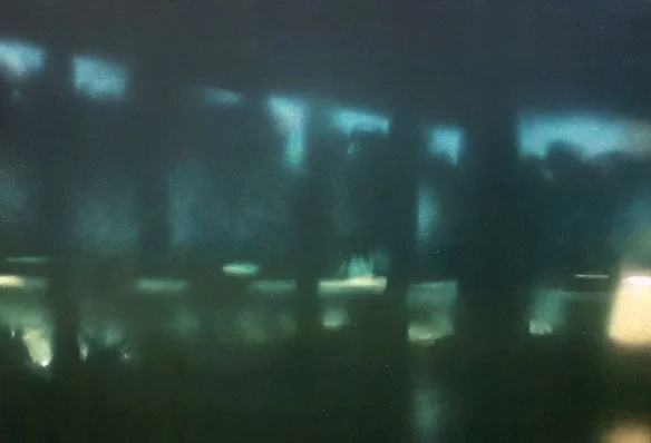 Dunkles Bild mit unscharfen Umrissen und schwachen Lichtpunkten, kaum erkennbares Motiv.