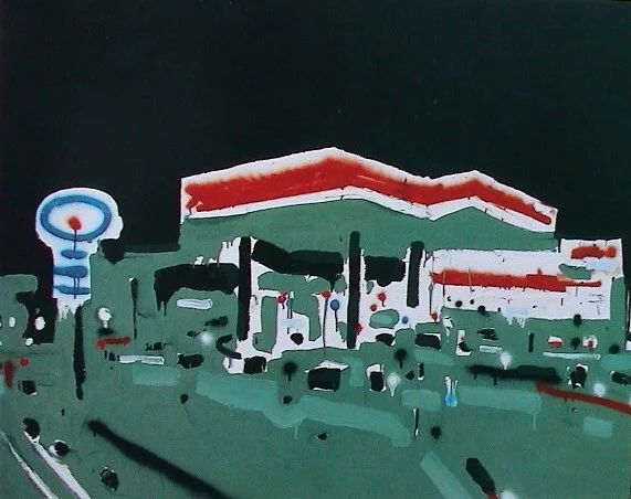 Ein stilisiertes, abstraktes Bild eines Gebäudes mit roten Dächern und einem Markenzeichen in Blau und Weiß, bei Nacht.