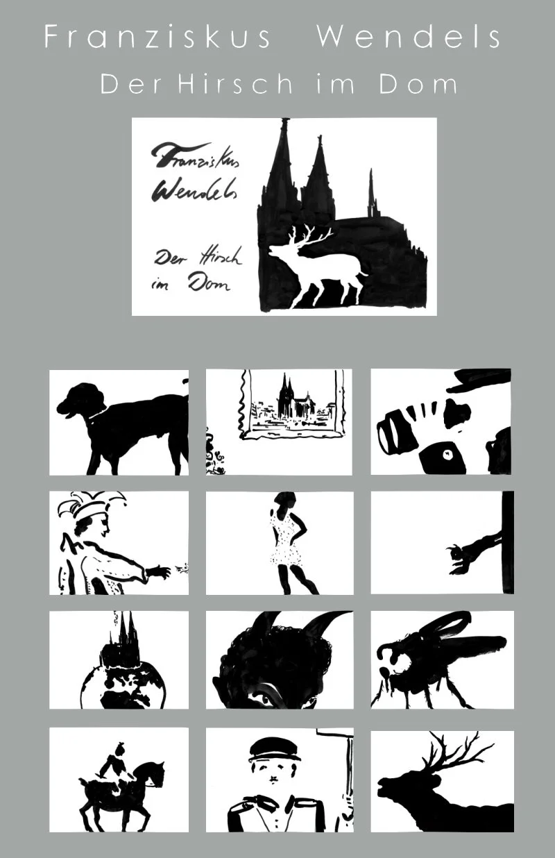 Das Bild zeigt ein Plakat über Franziskus Wendel. Es enthält Text, eine Illustration einer Kirche, ein Hirsch, und mehrere Schwarz-Weiß-Silhouetten von Tieren, Menschen und Gegenständen.