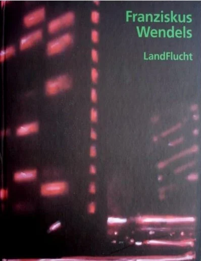 Buchcover von 'Landflucht' von Franziskus Wendels mit einem dunklen Hintergrund und pinkfarbigen, unscharfen Linien und Mustern.