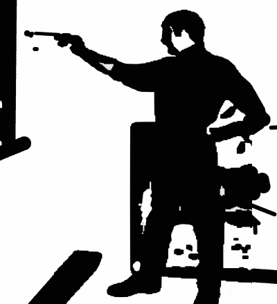 Schwarz-weiß-Silhouette eines Mannes, der mit einem Gewehr zielt, vor einem Fenster.