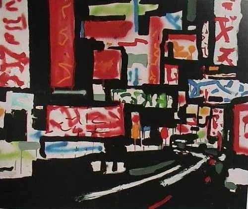 Abstrakte Stadtsilhouette mit bunten Gebäuden und Straßen in Schwarz, Rot, Grün, Blau und Orange.