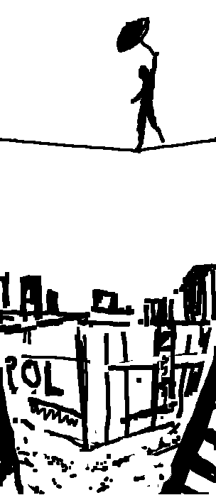 Strichzeichnung eines Mannes, der auf einer Linie einen Schirm hält, über einer Stadt mit Gebäuden.