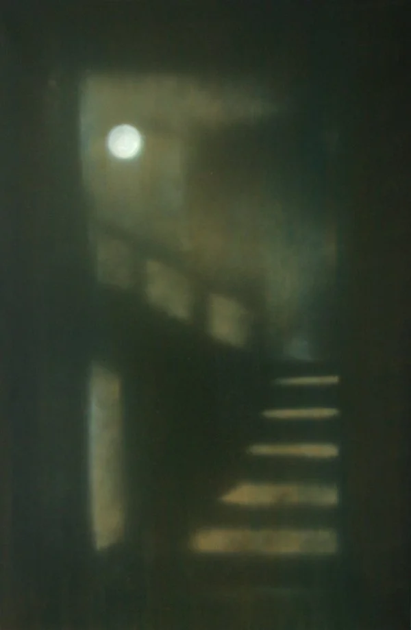 Schatten und Lichtreflexe an einer Tür bei Nacht, mit einem Mond im Himmel