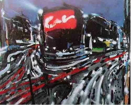 Ein digitales Gemälde eines Zuges auf einer Bahnstrecke bei Nacht mit hell leuchtendem roten Signal, umgeben von weiteren Zügen und reflektierenden Schienen.