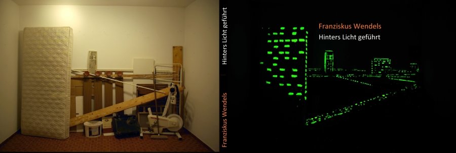 Links: Unordentliches Zimmer mit Matratze, Holzlatten, Fahrrad und anderen Gegenständen. Rechts: Dunkler Raum mit grünen Leuchtlinien, die eine Stadtlandschaft und den Text 'Franziskus Wendels' und 'Hinteres Licht geführt' zeigen.