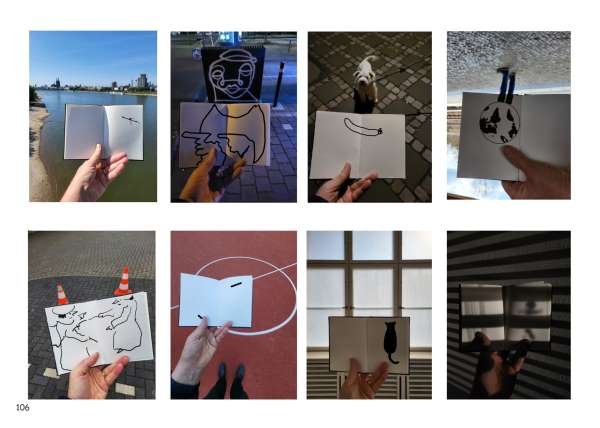 Eine Sammlung von Fotos, die Zeichnungen auf Handzeichen oder Papier zeigen, darunter eine Stadtansicht, eine Grimasse, eine Banane, eine Totenkopfzeichnung, zwei Tiere, ein Kreis mit Linien, ein Fenster mit Katze, und Schattenbilder.